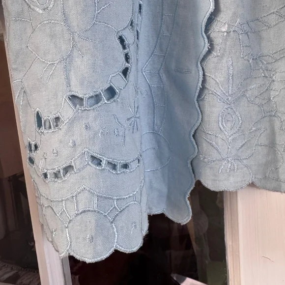 Susan Graver linen blend Blazer light blue cottagecore cutout eyelet embroidery - Picture 8 of 12